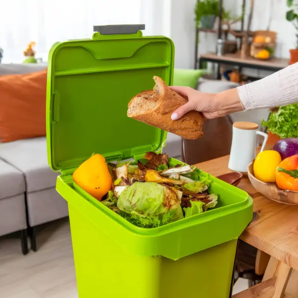 Konforlu bir dairedeki gübre konteyneri, organik atıkların geri dönüşümünü sağlayan mutfak artıklarıyla dolu..