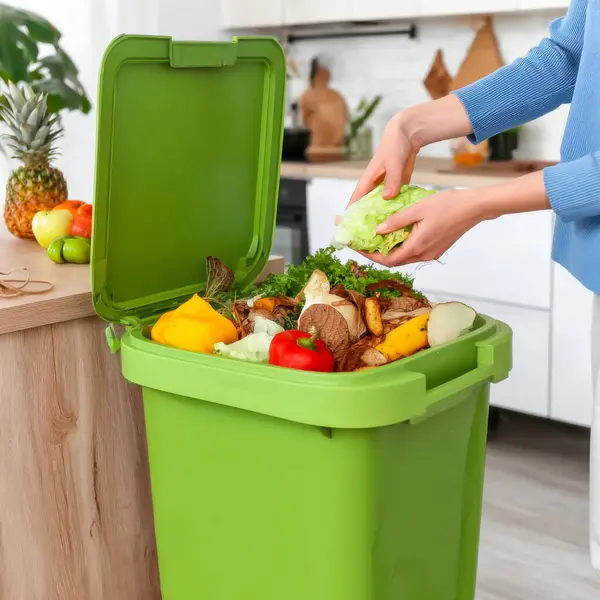 Yoğun bir apartman mutfağında gübre konteynırı sebze artıkları ve mutfak atıklarıyla dolup taşıyor. Taze marul ve diğer artıklar ekleniyor, kentsel yaşamda günlük hayat sergileniyor.