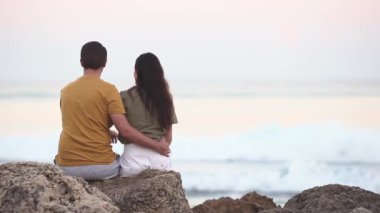 Romantic couple in love walking on the beach on romantic honeymoon travel