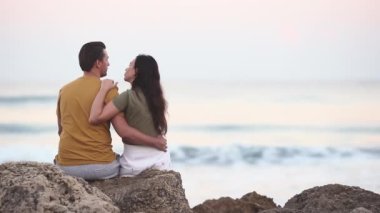 Romantic couple in love walking on the beach on romantic honeymoon travel