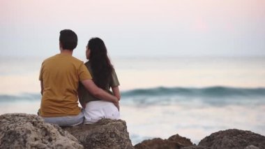 Romantic couple in love walking on the beach on romantic honeymoon travel