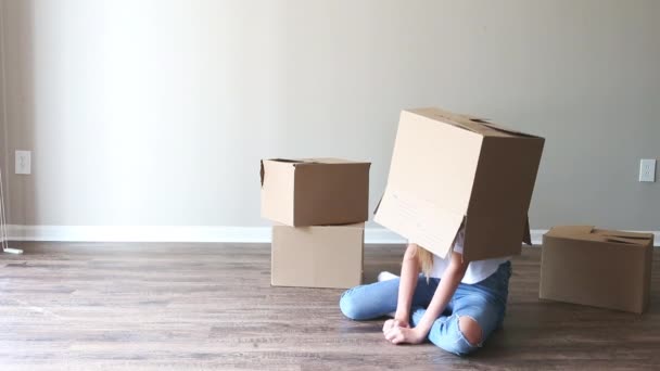 Happy Girl Cardboard Boxes New House Moving Day — Stok Video
