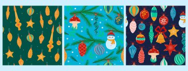 Set of seamless patterns with Christmas decorations. Vector image.