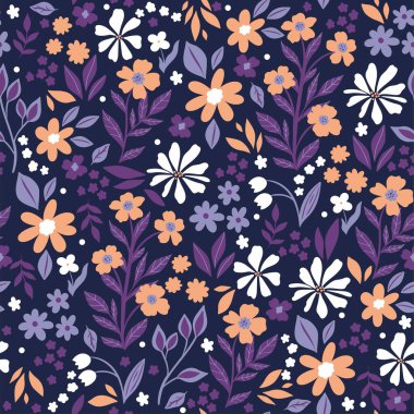 Seamless pattern with small flowers and leaves. Vector image.