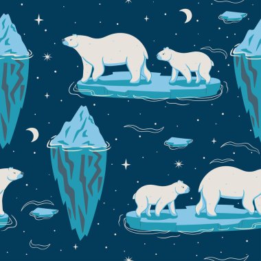 Seamless pattern with polar bears and icebergs. Vector image.