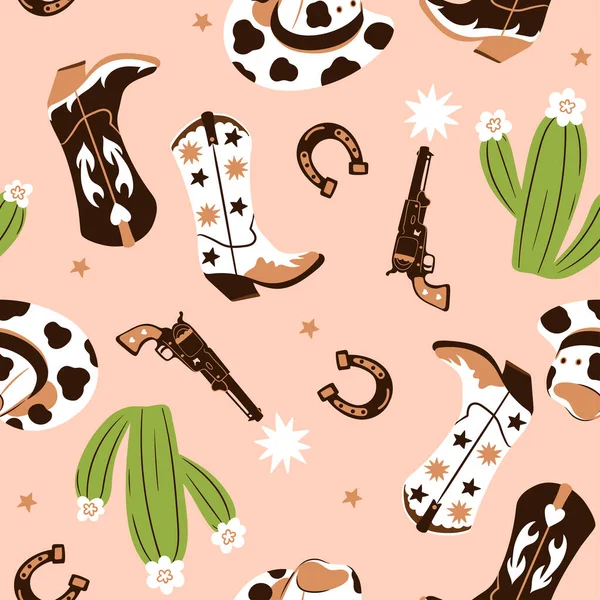 Cowboy Seamless Pattern Boots Hats Revolvers Horseshoes Cacti Vector Image — Stockový vektor