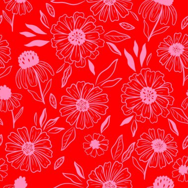 Seamless pattern with flowers in pink and red colors. Vector image.