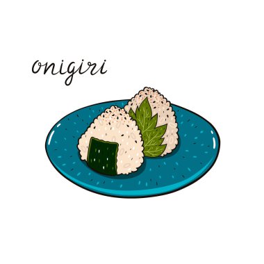 Japanese cuisine dish onigiri on a plate isolated on white background. Vector image.