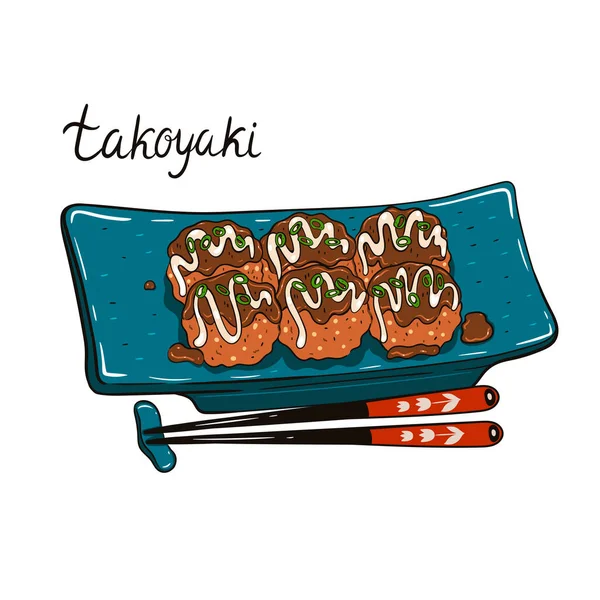 Πιάτο Takoyaki Και Chopsticks Απομονώνουν Λευκό Φόντο Εικόνα Διανύσματος — Διανυσματικό Αρχείο