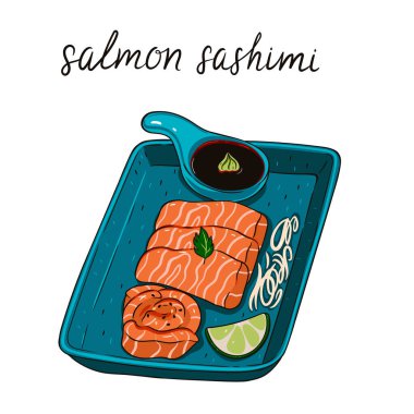 Plate with salmon sashimi isolate on white background. Vector image.
