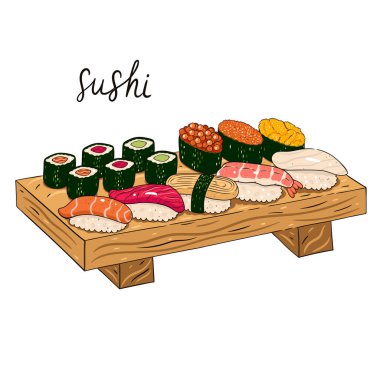Various types of sushi, maki, gunkan served on a wooden tray isolate on a white background. Vector image