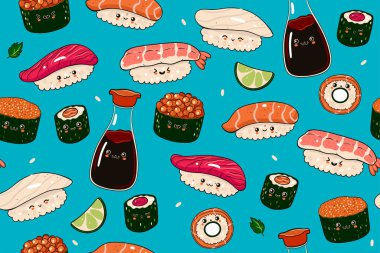 Seamless pattern with kawaii sushi, gunkans, maki and soy sauce. Vector image.