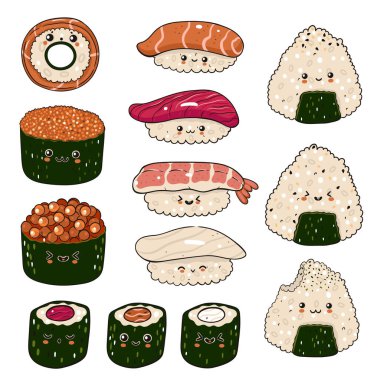 Set of kawaii sushi and onigiri isolated on white background. Vector image.
