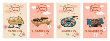 Set of banners with illustrations of Japanese cuisine. Vector image
