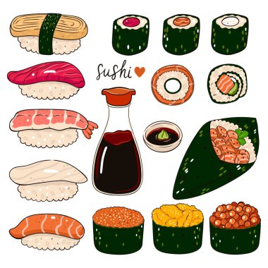 Set of different types of sushi and soy sauce isolated on white background. Vector image.