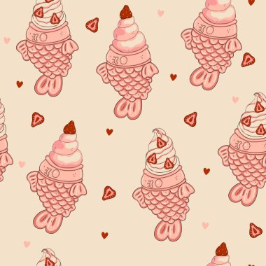 Seamless pattern with strawberry ice cream in taiyaki fish. Vector image.