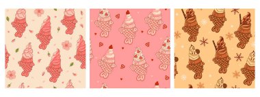 Set of seamless patterns with ice cream in taiyaki fish. Vector image.