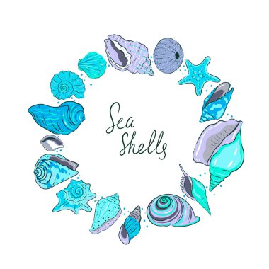 Round frame made of blue seashells isolated on white background. Vector mage