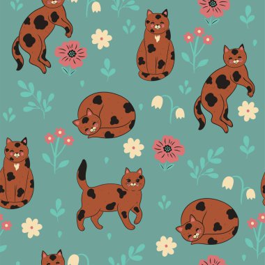 Seamless pattern with spotted cats and flowers. Vector image.