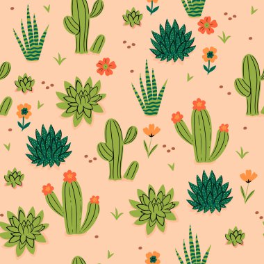Seamless pattern with cacti and flowers. Vector image.