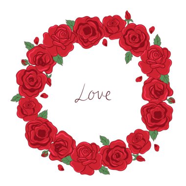 Round frame of red roses isolated on white background. Vector image.