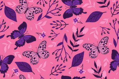 Seamless pattern with butterflies and flowers in violet-pink colors. Vector image.