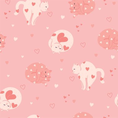 Soft pink seamless pattern with valentine's day cats. Vector image.