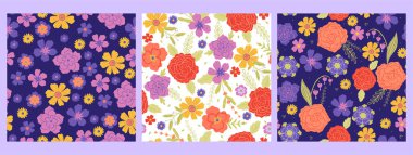 Set of seamless patterns with flowers. Vector image.