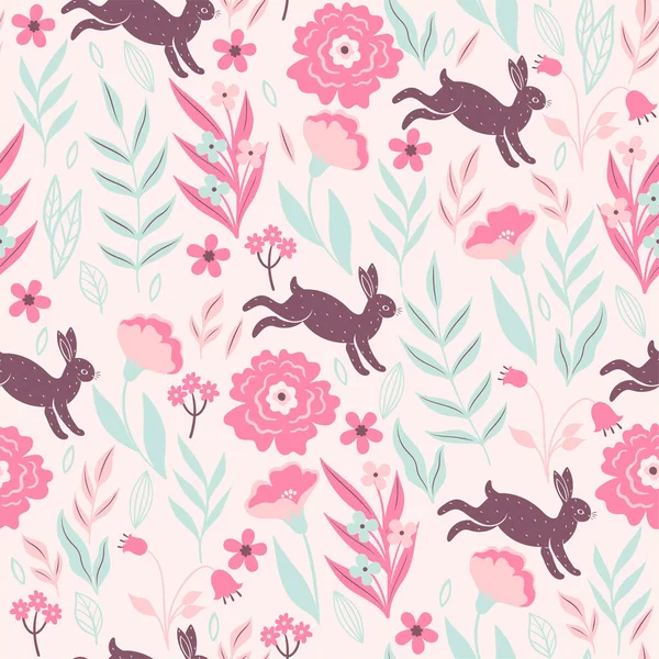 Light seamless pattern with rabbits and flowers. Vector image.