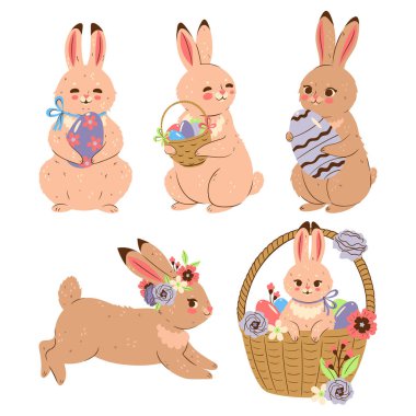 Set of cute easter bunnies isolated on white background. Vector image.
