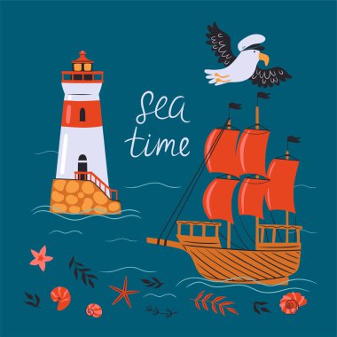 Nautical postcard with cute seagull, ship, lighthouse. Vector image.