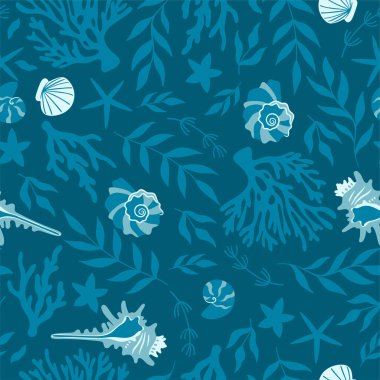 Marine seamless pattern with seashells, algae, starfish. Vector image.