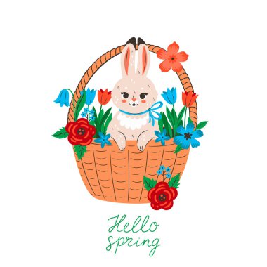 Cute bunny in a basket with flowers isolate on a white background. Vector image.