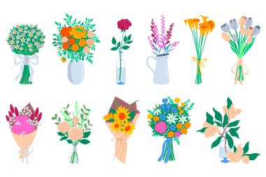 Set of bouquets of different flowers isolated on white background. Vector image