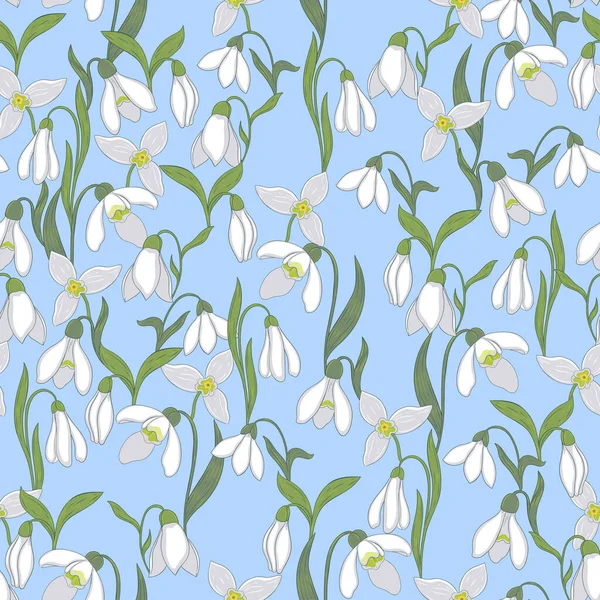 Seamless Pattern Snowdrop Flowers Blue Background Vector Image — Stock Vector