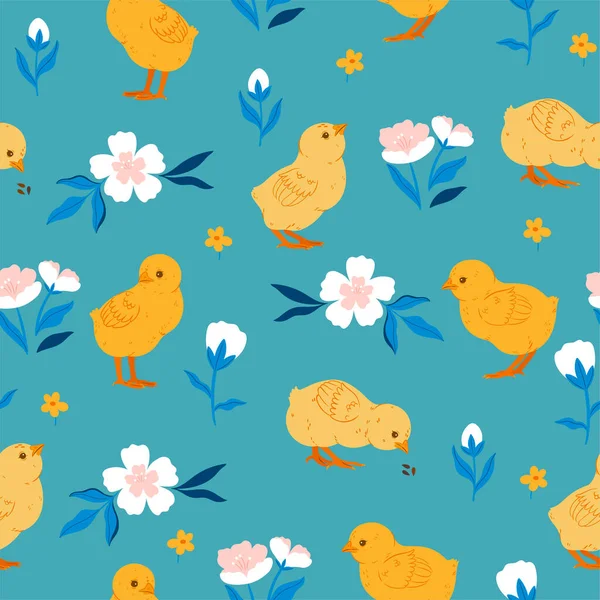 Seamless Pattern Baby Chickens Flowers Vector Image — Stock Vector