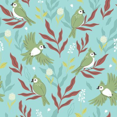 Kuşlar ve çiçeklerle kusursuz desen. Vektör resmi.