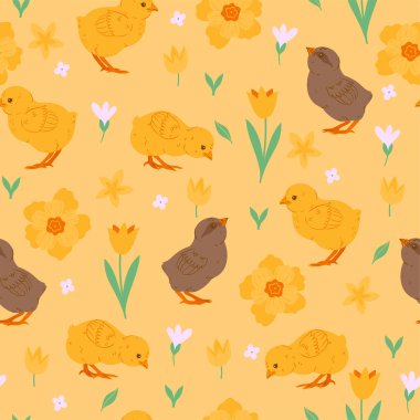 Yavru tavuklar ve çiçeklerle kusursuz desen. Vektör resmi.