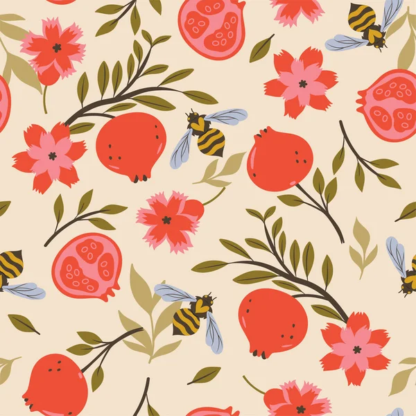 Seamless pattern with pomegranates, flowers and wasps. Vector image.