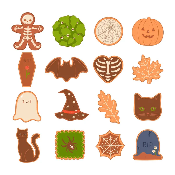 Sada Halloween Cookies Top View Izolovat Bílém Pozadí Vektorový Obrázek — Stockový vektor