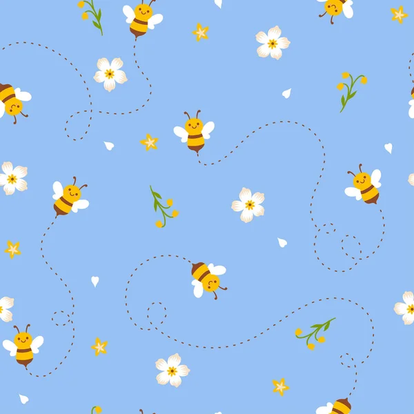 Zökkenőmentes Minta Aranyos Méhekkel Virágokkal Vektorkép — Stock Vector