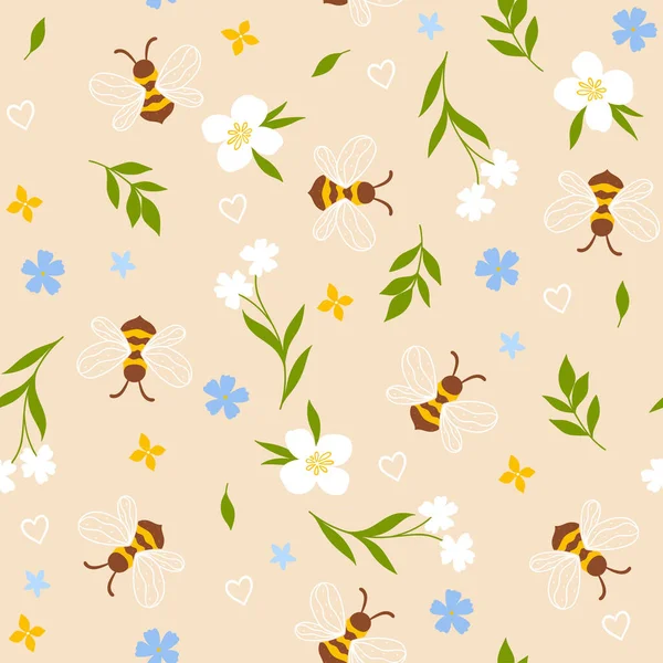 ミツバチや花とシームレスなパターン ベクトル画像 — ストックベクタ