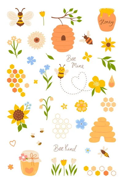 Set Cute Bee Honey Elements Isolated White Background Vector Image — Stock Vector