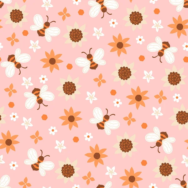 ミツバチや花とシームレスなパターン ベクトル画像 — ストックベクタ