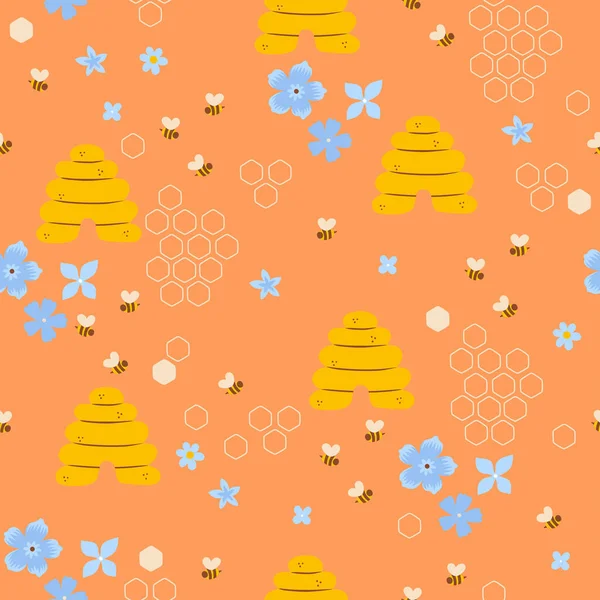 Seamless Pattern Bees Beehives Flowers Vector Image — Stock Vector
