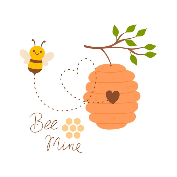 Nette Biene Und Bienenkorb Isolieren Auf Weißem Hintergrund Vektorbild — Stockvektor