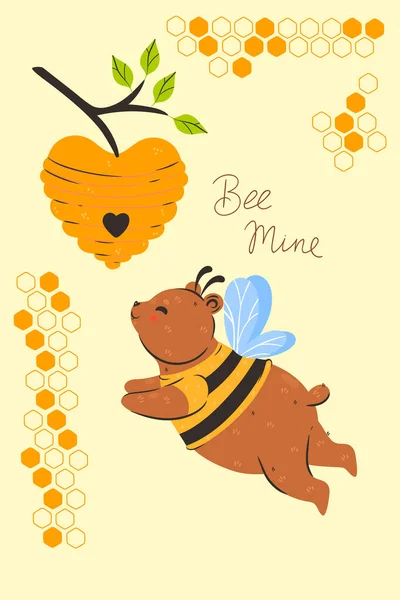 Ταχυδρομική Κάρτα Αφίσα Ένα Χαριτωμένο Αρκουδάκι Μέλισσας Εικόνα Διανύσματος — Διανυσματικό Αρχείο