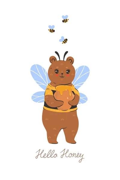 Pohlednice Nebo Plakát Roztomilým Včelím Medvědem Vektorový Obrázek — Stockový vektor