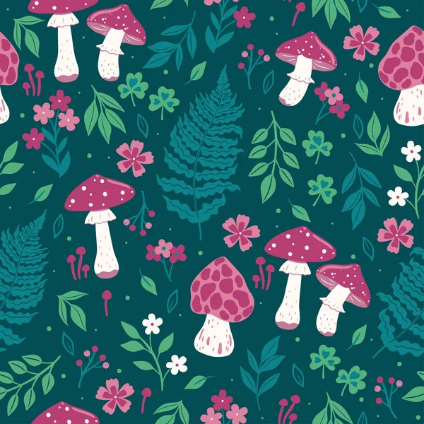 带蘑菇和花朵的无缝图案 矢量图像 — 图库矢量图片