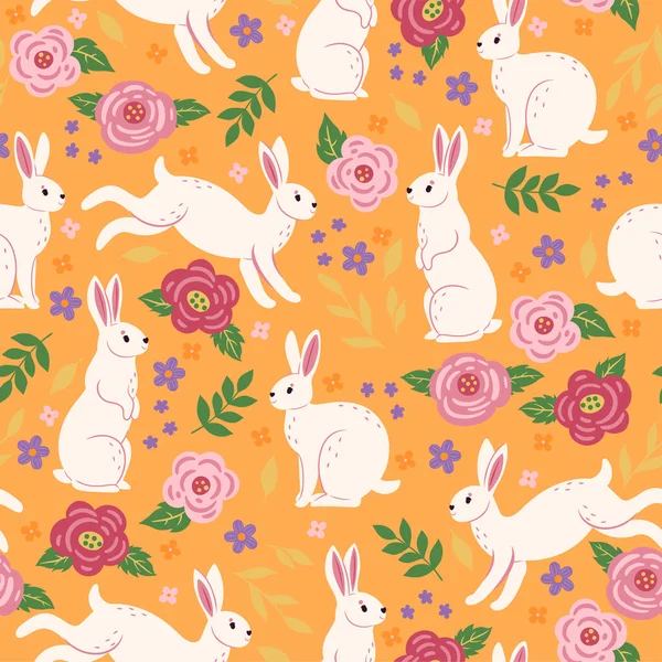 Seamless Pattern Cute Rabbits Flowers Vector Image — Stock Vector